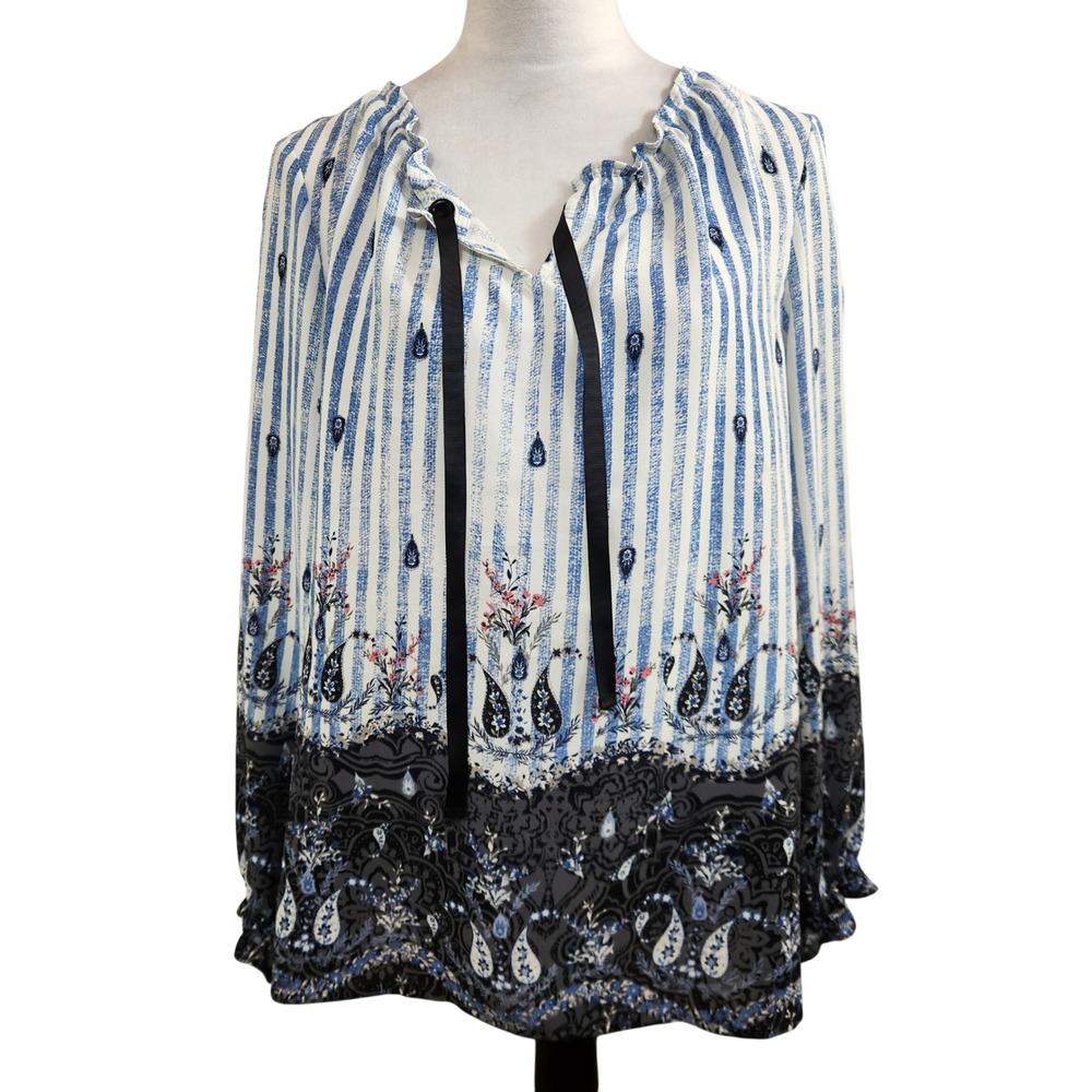 Style Co Blue Paisley Stripe V Neck‎ Tie Blouse Womens Medium M Flowy Casual Top